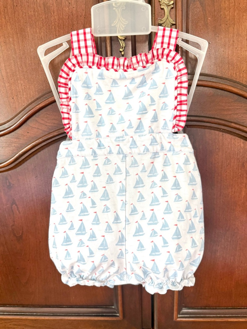 Lullaby Set Sailboat Bubble Romper 9M Light Blue Red Gingham Patriotic